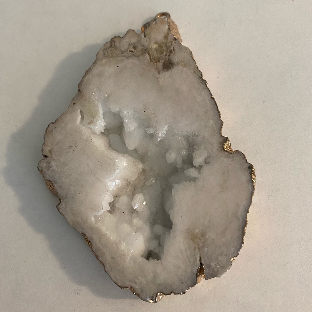 Elegant White with Goldtone Edging Druzy Geode Necklace Pendant w/ Chain Loop
